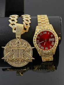 Bộ dây chuyền Cuban Link lấp lánh + đồng hồ mặt đỏ, mặt dây chuyền phong cách rapper dành cho nam giới, trang sức đường phố đính đá toàn bộ. - bộ trang sức - Xem 13
