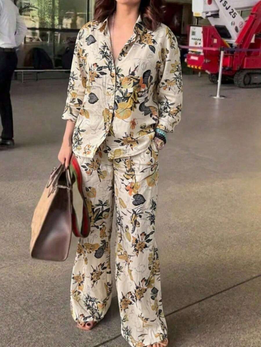 2pcs Vintage Print Set, Comfortable & Versatile, With Lapel Wide-Leg Pants; Suitable For Airport, Island Vacation Or Daily Shopping Spring - 橄欖綠 - 查看 1