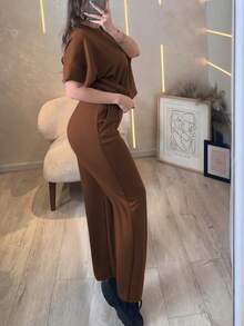 Women's Casual Comfortable Solid Color Short Sleeve Top And Elastic Waist Pocket Pants 2 Pieces Set, Soft Polyester-Spandex Fabric, Spring/Summer Elegant - Brown 90 - View 4