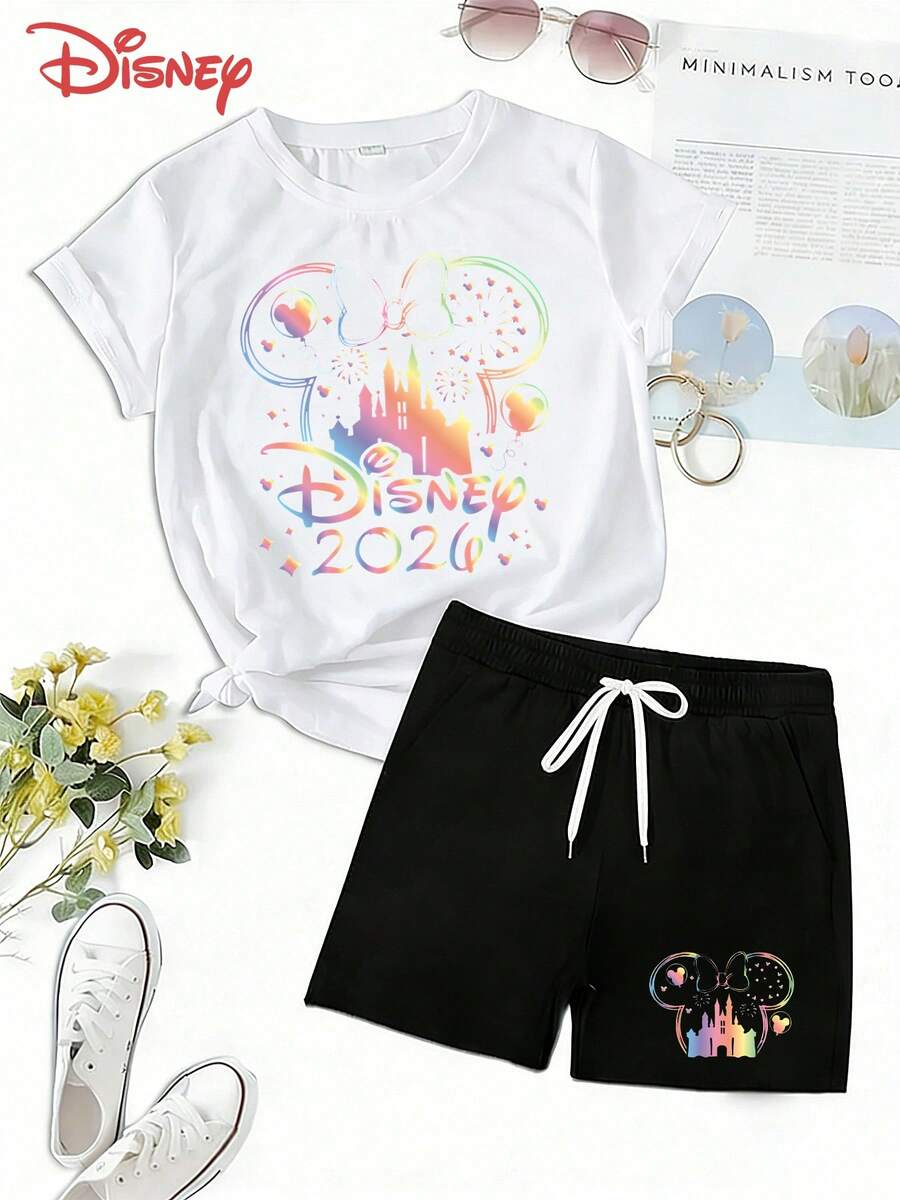 Disney Official Authorization | Women's 2PCS Casual Short-Sleeve T-Shirt & Shorts Set. Featuring A Mickey Mouse Head Silhouette, Combined With 2026 Rainbow Castle, Fireworks And Balloon Elements. The Fabric Is Soft And Breathable, Making It Perfect For Vacations, Outings And Daily Casual Wear. - White - View 1
