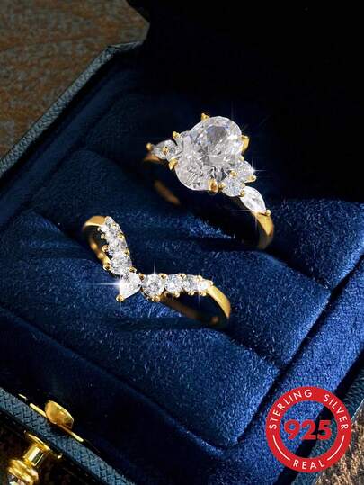 2pcs S925 & 925 Sterling Silver Oval Ring Set, Elegant Ladies' Rings For Dating, Party, Anniversary, Sophisticated Jewelry Gift For Women