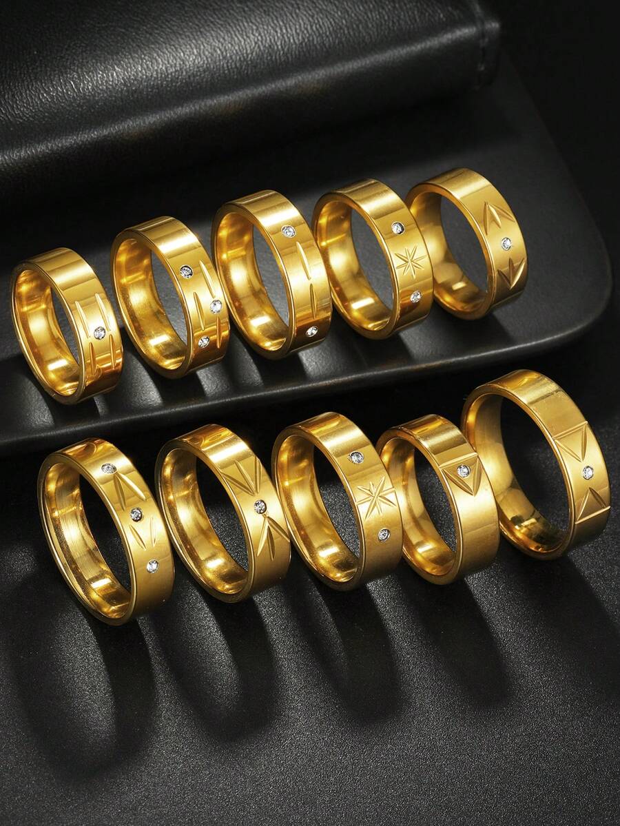 10 piezas Juego de anillos de acero inoxidable con diamantes de imitación de lujo en color dorado, joyería de boda y diaria para mujeres y parejas - Dorado - Ver 1