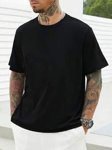Manfinity Homme Men's Plus Size Solid Color Crew Neck T-Shirt - Hitam - View 5