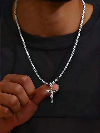 1件男士不锈钢极简耶稣十字架吊坠项链，欧美嘻哈耶稣元素男士项链，时尚百搭的信仰配饰，适合日常和街头穿着