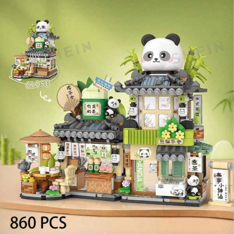 Bộ đồ chơi xếp hình 860 mảnh ghép hình quán cà phê gấu trúc thu nhỏ, quán cà phê gấu trúc có thể mở được, mô hình đường phố thu nhỏ, hộp xếp hình sáng tạo, quà tặng cho Halloween, sinh nhật, Giáng sinh. - Nhiều màu - Xem 1