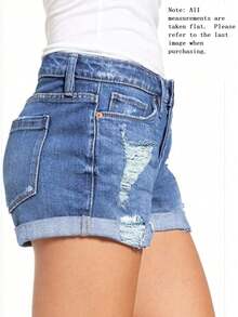 Women's Ripped Folded Hem Casual Denim Jean Shorts With Pocket, Mid Waisted Stretchy Short Jeans For Holiday Home - Light Blue - View 2