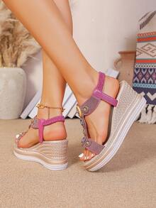 2025 New Bohemian Platform Wedge Sandals For Women, High Heel Thick Bottom Roman Chunky Heel Sandals - Hot Pink - View 4