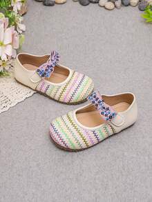 Girls' Woven Bowknot Casual Shoes, Spring/Autumn New Arrival, Soft Sole Anti-Slip Toddler Shoes, Artistic Style Children Princess Shoes - Beige - View 3
