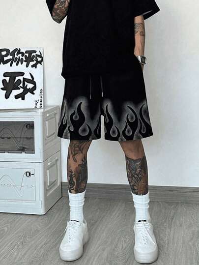 男士时尚沙滩短裤，火焰印花图案 - 休闲涤纶抽绳腰带，轻便舒适，适合夏季休闲穿着 | 抽绳短裤 | 舒适贴身，适合篮球、露营、健身、游泳、沙滩等活动