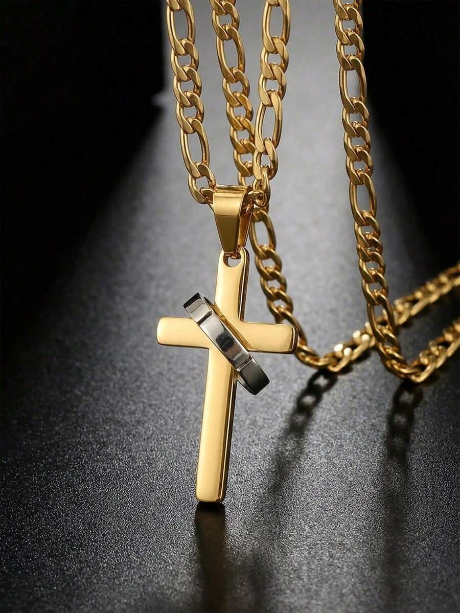 1 Stück drehbarer Kreuz-Anhänger Halskette aus Edelstahl Figarokette, für Kinder Jungen Mädchen Straßenparty Sport Schmuck für religiöse christliche Accessoires Himmelfahrtsgeschenk - Kreuzkette - Übersicht 1