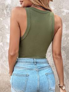 ChicMe Áo tank top nữ bằng vải cotton gân, không tay, cổ tròn, dáng ôm, thích hợp mặc đi làm, dự tiệc, mặc hàng ngày, có thể mặc như áo lót hoặc áo khoác ngoài. - Màu xanh Ô liu - Xem 3