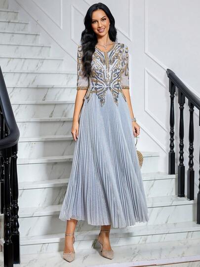 JINLICX Plus Size Elegant Grey Sequin V-Neck Pleated Dress
