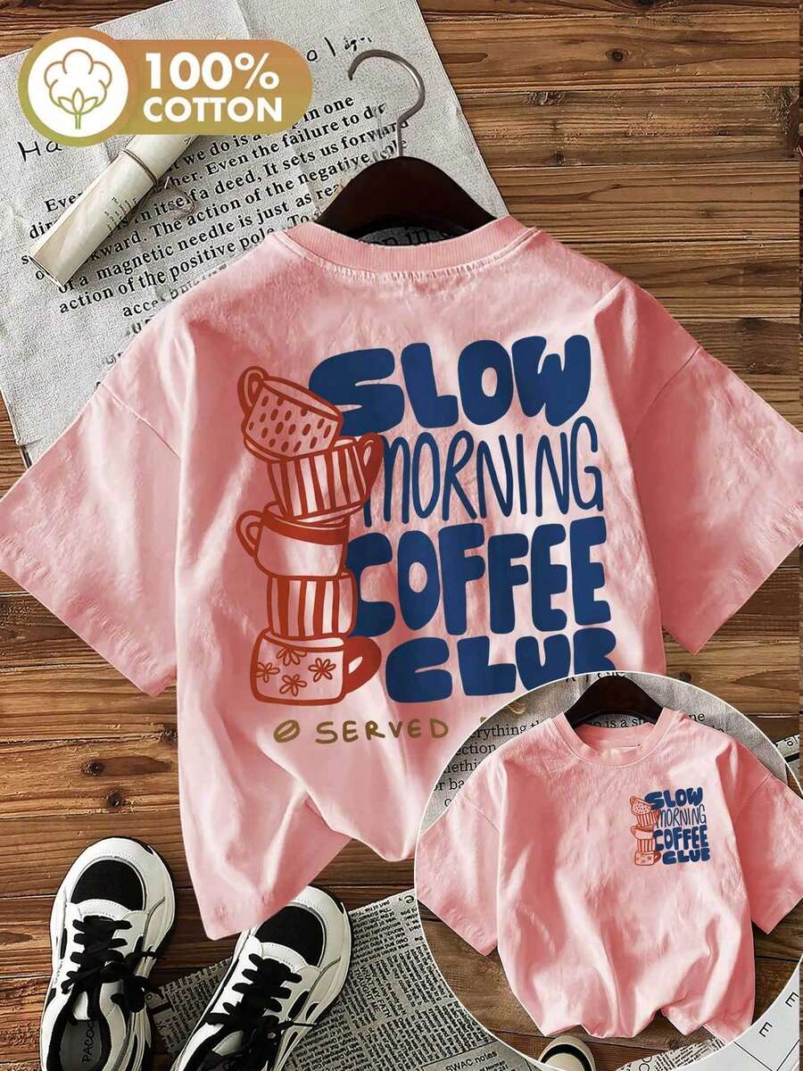 SLOW MORNING COFFEE CLUB SERVED DAILY Hand-Painted Tee, Oversized Women's Coffee Cup, Pure Cotton Summer Top For Women - 粉色 - 查看 1