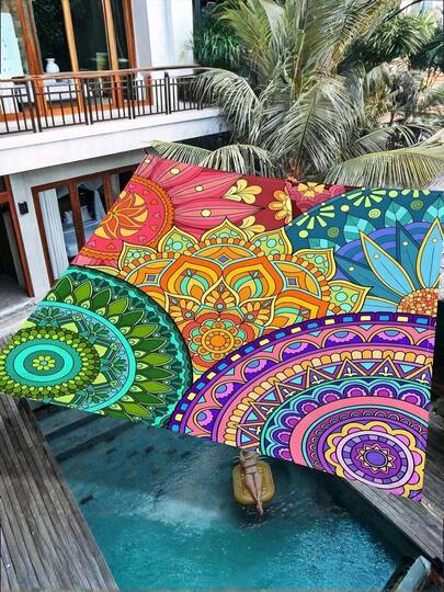 1 Piece Outdoor Thickened Waterproof Parasol, Gradient Mandala Floral Bohemian Style, Suitable For Garden, Patio, And Beach Shade, No Umbrella Stand (Cord Not Included)