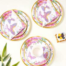 Gold Rim Gold Butterfly Disposable Tableware Set, 7/9 Inch Party Plates, Disposable Paper Plates, Cups, Napkins, Suitable For Holidays, Weddings, Engagements, Birthdays, Parties, Celebrations - Multicolor - View 3