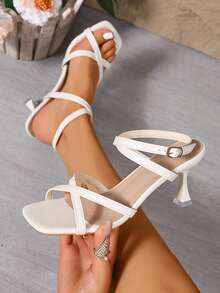 Giày sandal cao gót mũi vuông buộc dây màu be dành cho nữ, kiểu dáng thanh lịch với quai chéo, hở mũi, phù hợp cho mùa hè, mặc hàng ngày, đi làm và dự tiệc. - Màu be - Xem 3