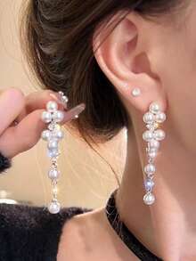 1 Đôi bông tai hợp kim đính đá và ngọc trai giả, phụ kiện cưới thanh lịch, bông tai hình chùm nho cổ điển cách điệu. - Bạc A - Xem 1