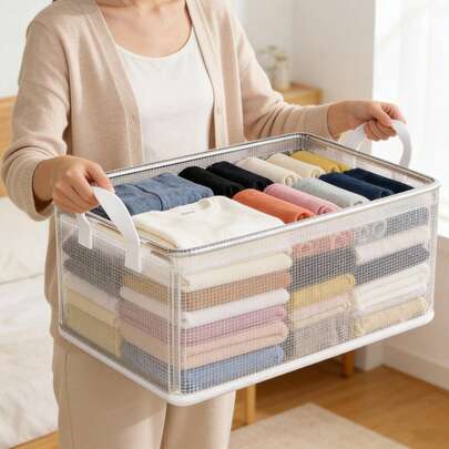 1PC Household Clothing Storage Box, Multi-Functional Organizing Box, Miscellaneous Item Storage Box, Wardrobe Organizing Tool, Large Transparent And Visible Storage Box, Cloth Folding Pants And Clothes Storage Box With Handle, Large-Capacity Underwear And Socks Classification Storage Basket, Dormitory Bedroom Wardrobe Layered Storage Box, Multi-Functional Clothing Organizing Box, Upgraded PVC Material, Built-In Steel Frame