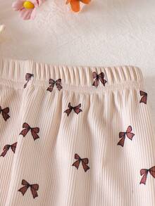 2pcs Baby Girls Casual Minimalist 3D Bow Round Neck Top And Full Bow Pants Set, Summer - Apricot - View 7