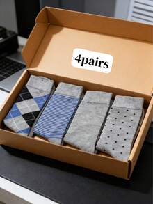 4 perechi de șosete pentru bărbați, cutie cadou, până la jumătatea gambei, care absorb umezeala, rezistente la mirosuri, pentru tot sezonul, versatile, stil business casual britanic, culori asortate, șosete confortabile, cadou excelent pentru familie, cadou de Paște - Gri deschis - Vizualizare 5