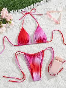 2 pièces Ensemble de bikini d'été pour femmes 2026 Maillots de bain élégants et sexy dos nu Vêtements de plage pour femmes Bikini deux pièces Tenue de vacances à la plage pour femmes Maillot de bain tankini Tenues de vacances pour femmes Tenues de vacances pour femmes Bikini rose à carreaux Ficelles de bikini rose Slips à nouer sur les côtés Imprimé dégradé - Rose vif - Voir 3