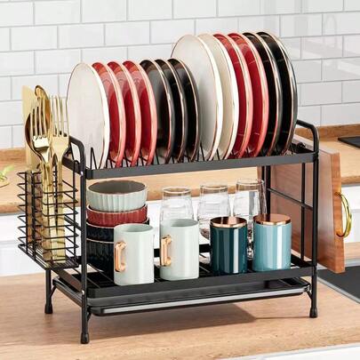 Estante de almacenamiento de cocina de metal reforzado, rejilla de escurridor de doble capa, almohadillas antideslizantes, capacidad de carga súper grande, almacenamiento de cocina para tazones, platos, cuchillos, tenedores y tablas de cortar.