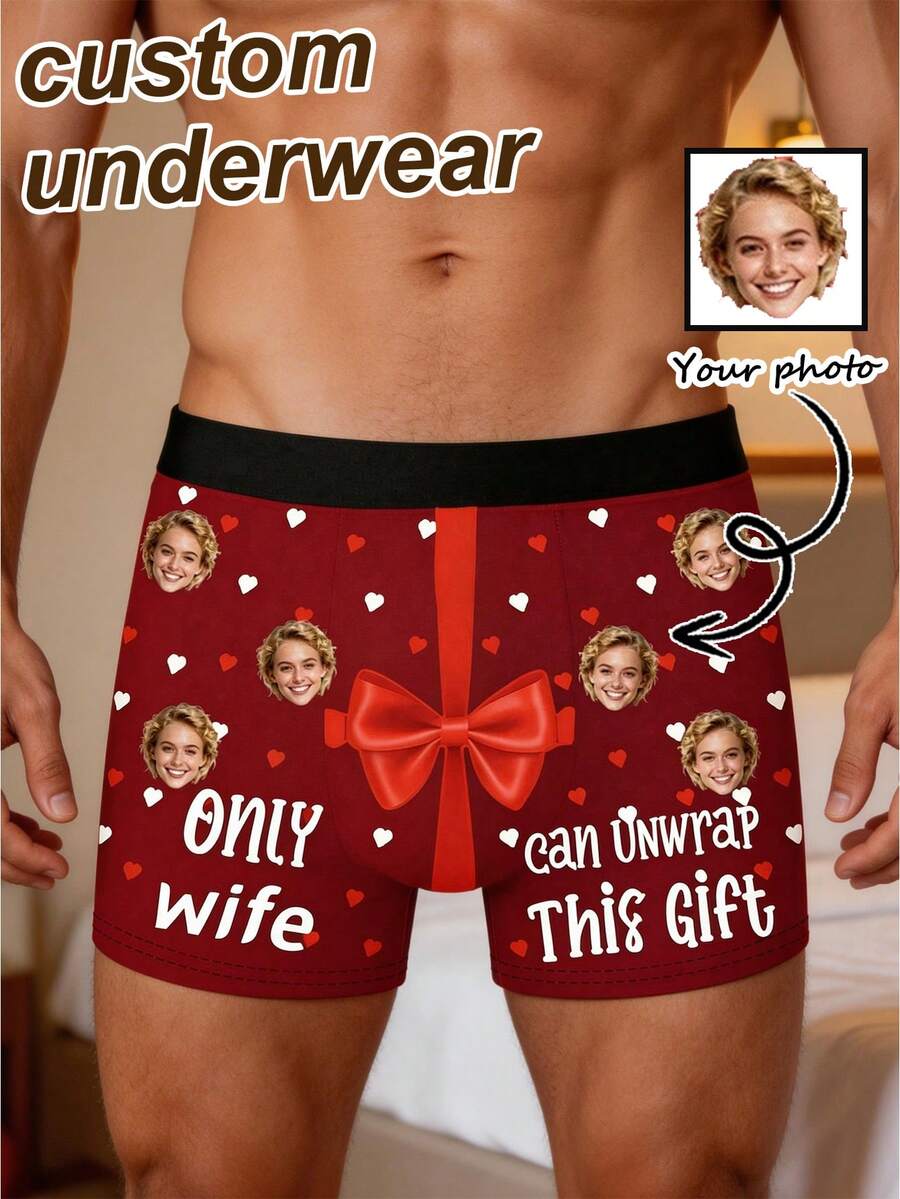 1pc Men's Customized Face & Personalized Text Print Burgundy Comfortable Briefs, Romantic Style Boxer Briefs, Valentine's Day Gift - Multicolor - View 1