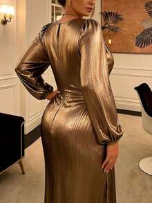 Plus Size Women's Sexy & Elegant Lantern Sleeve High Waist Fitted Dress, Suitable For Summer Date Night At High-End Restaurants, Luxury Evening Galas, Gatherings With Friends; Spring Wedding Guest Attire, Formal Evening Events, High-End Afternoon Tea - Gold - View 3
