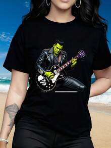 Graphic T-Shirt Featuring A 100% Rock Star Design - A Vintage Horror Monster Jamming On An Electric Guitar. This Casual Crew Neck Short Sleeve Top Is Incredibly Soft And Breathable, Ideal For Halloween, Concerts - màu đen - Xem 1