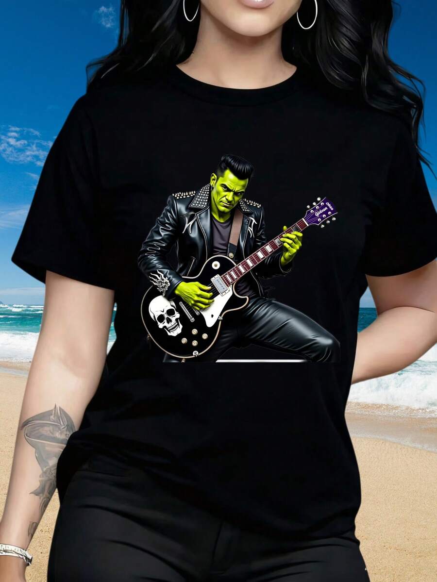 Graphic T-Shirt Featuring A 100% Rock Star Design - A Vintage Horror Monster Jamming On An Electric Guitar. This Casual Crew Neck Short Sleeve Top Is Incredibly Soft And Breathable, Ideal For Halloween, Concerts - màu đen - Xem 1