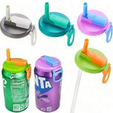 4 nắp đậy lon nước ngọt có ống hút bằng silicon, nắp đậy lon nước ngọt có ống hút tái sử dụng được cho nước ngọt, đồ uống, nước ép, nước có ga. - Nhiều màu - Xem 2