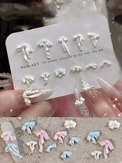 50 chiếc nơ ruy băng ngọc trai ngẫu nhiên nhiều màu sắc, họa tiết nơ 3D màu trắng, hồng, xanh dương, satin, phụ kiện trang trí móng tay tự làm.