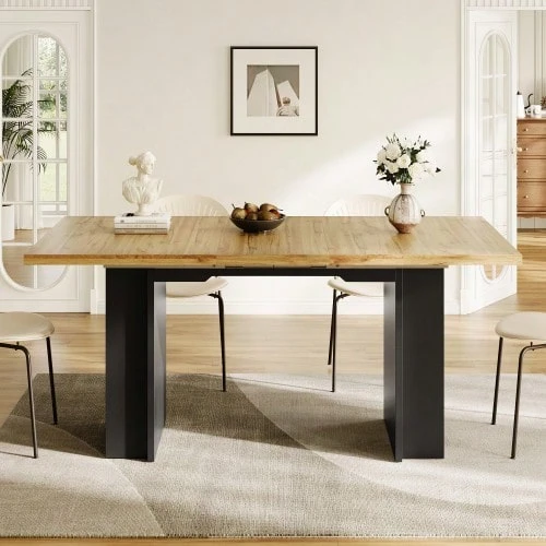 Telescopic Dining Table (120-160 X 80 Cm), Table With Shelves, Extendable Kitchen Table, Extends From 120 To 160 Cm Thanks To Internal Extensions, For Kitchen And Living Room, Wood Finish - Natural Wood Color + Black - View 1