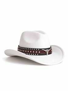 1 pièce Chapeau de cowboy vintage occidental, orné d'une ceinture à trois rangées de clous en forme de taureau, un accessoire élégant pour la rentrée scolaire, convenant pour le port décontracté quotidien, les fêtes de cowboy occidental, les voyages de vacances et autres occasions, été, plage, festival - Chapeau de cowboy à trois rangées de rivets - Voir 3