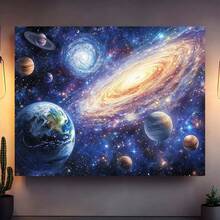 1 件精美绝伦的外太空行星背景横幅 - 充满活力的星系和宇宙场景，点缀着旋转的星星、月亮和火箭 - 耐用的涤纶材质，可用于照片墙装饰，适用于直播、派对、生日、周年纪念、房间、花园或庭院装饰 - 室内/室外均可使用，月亮装饰 - 5 - 查看 3