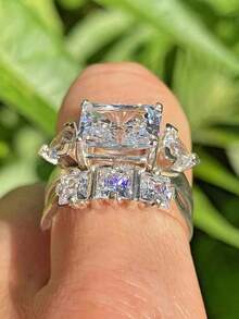 2pcs/Set Luxury White Gold Plated Women's Geometric Zirconia Elegant Fashion Wedding Rings, Valentine's Day Gift - Platinum - View 4