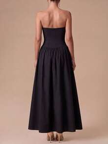 女士优雅黑色无肩带A字连衣裙，简约优雅度假连衣裙，适合海滩度假、海边漫步、休闲外出、花园派对、毕业典礼、夏季穿搭 - 黑色 - 查看 2