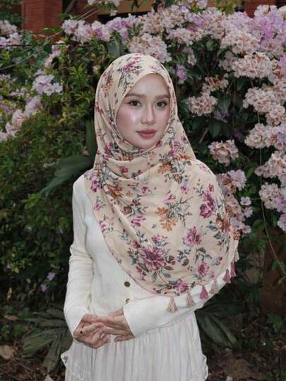 1pc Spring New Floral Print Cotton Scarf, Lightweight Breathable Vintage Flower Pattern Tassel Scarf, Medium-Long Versatile Daily Wear