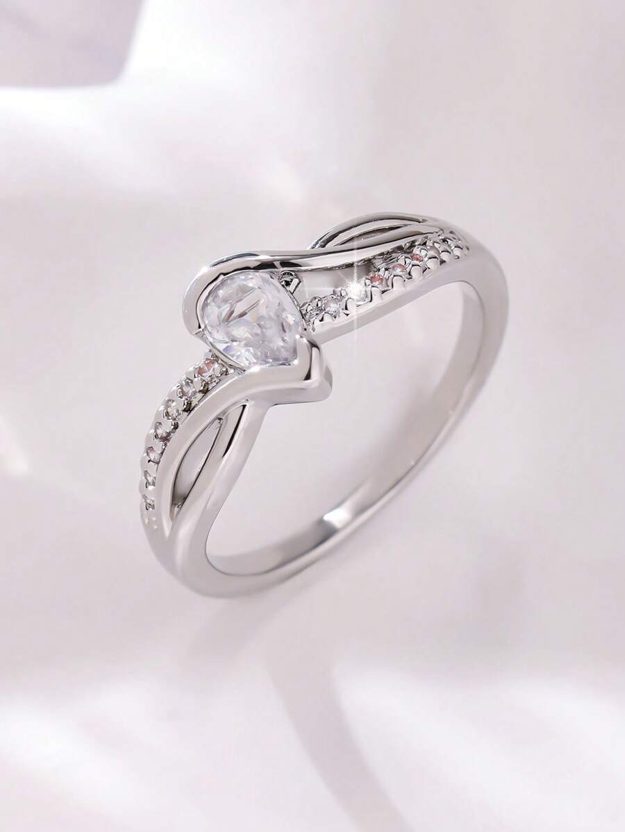 1枚优雅水滴形戒指，女士周年纪念订婚结婚戒指，简约风格，理想的母亲节礼物，派对佩戴，奢华风格 - 銀色 - 查看 1