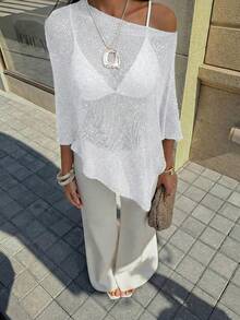 FOR BEAUTY 夏季新款女士纯色罗纹银色针织开衫，不对称下摆设计，精细闪亮的针织纹理带来轻盈透气的穿着体验，略微宽松的版型适合各种身材，度假沙滩休闲风上衣，度假、波西米亚风、性感，女士夏季服装 白色 - 白色 - 查看 7