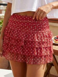 Women's Summer Mini Skirt Casual Stylish Dot Print Layered Ruffled Mid Rise Short Skirt - Red - View 4
