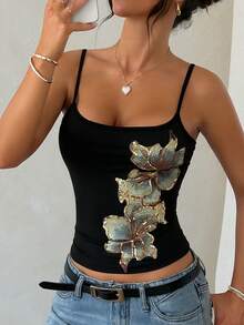 Women's Casual Floral Camisole, Suitable For Daily Wear, Dating, Vacation, Sports, Summer, Black, Vacationcore - Black - View 2