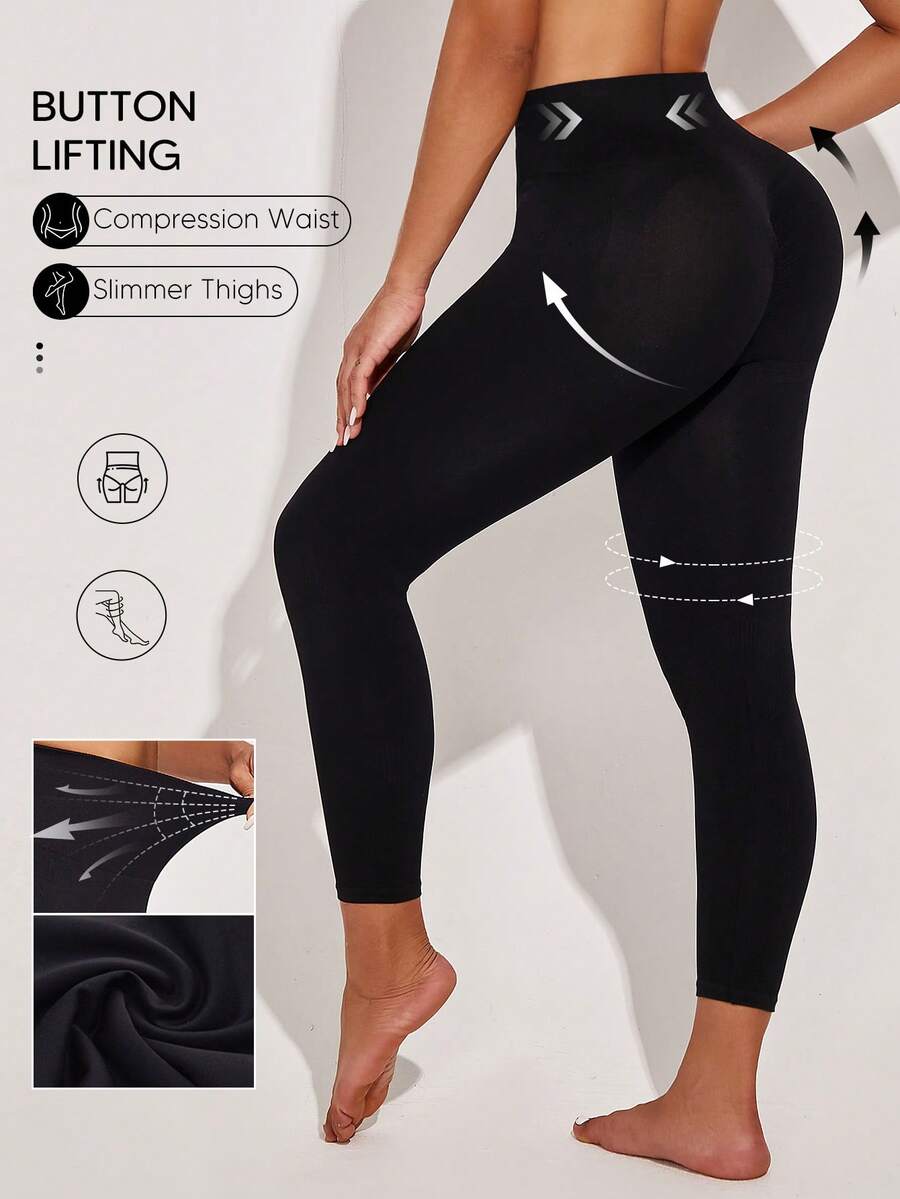 Suprenx 1 pieza Leggings sin costuras de cintura alta que levantan y dan forma para mujer - Negro - Ver 1
