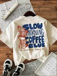 SLOW MORNING COFFEE CLUB SERVED DAILY Hand-Painted Tee, Oversized Women's Coffee Cup, Pure Cotton Summer Top For Women - 杏色 - 查看 3