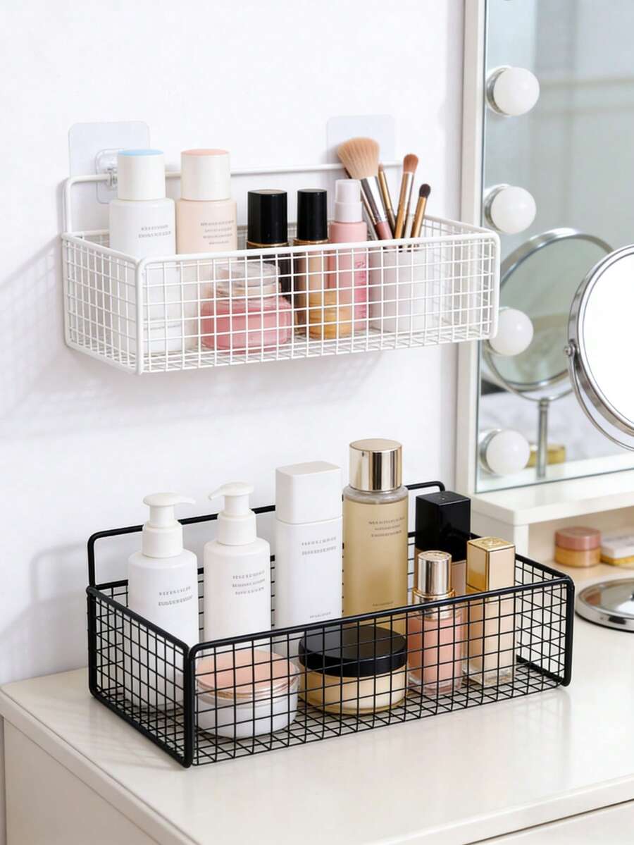 1/2pcs Bathroom Wall Mounted Shelf Organizer, Steel Wire Storage Rack For Bathroom, Kitchen And Dorm, Rust-Proof Metal Shower Caddy Basket For Storing Toiletries, Shampoo, Conditioner, Cosmetics, Etc.