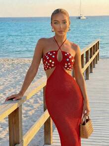 Đầm len nữ tối giản, thanh lịch, màu trơn, thích hợp cho kỳ nghỉ xuân/hè. - Màu đỏ tươi - Xem 4