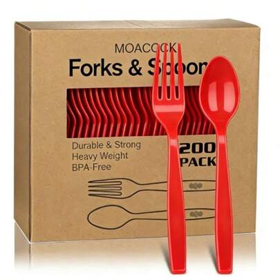 200 Count Red Plastic Silverware Heavy Weight Plastic Forks Spoons Disposable Utensils Cutlery Set For Wedding Party Supplies Everyday Use