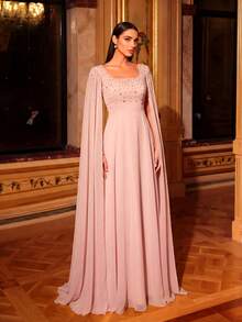 UNITHORSE Women's Square Neck Rhinestone Sequin Sleeve Solid Color Chiffon Evening Gown, Bridesmaid Dress, Wedding Guest Dress, Formal Dress, Bridal Dress, Birthday Dress, Graduation Gown - 粉色 - 查看 4
