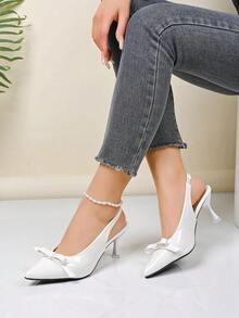 Giày cao gót mũi nhọn kiểu dáng mới năm 2026, chất liệu da bóng, có nơ, kiểu dáng hở gót, thích hợp cho nữ đi làm và sinh hoạt hàng ngày. - trắng - Xem 5