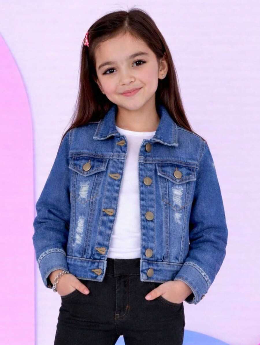 Jaqueta Jeans Infantil Feminina Curta Estilo Moderno Confortável Look Moda Menina Dia a Dia - Lavagem escura - Visão 1